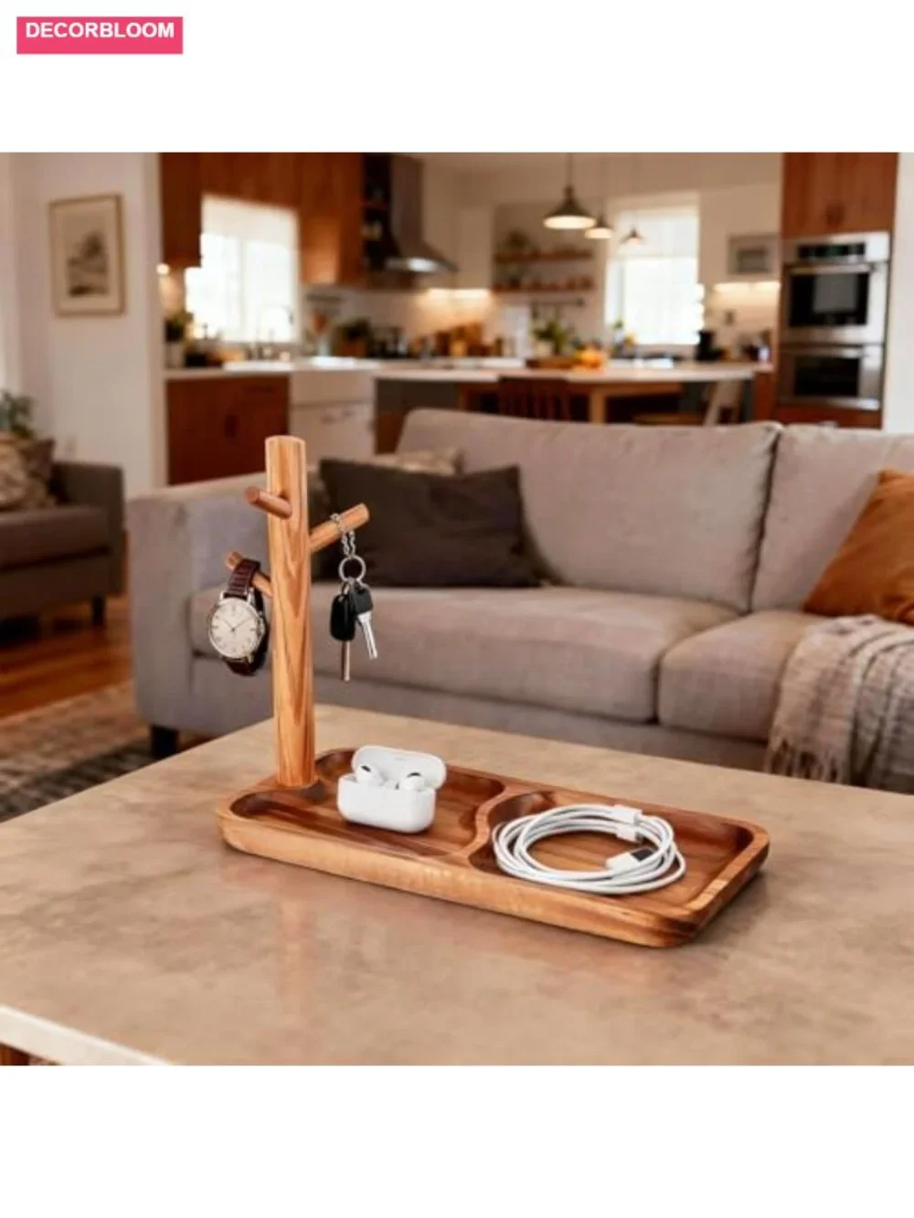Acacia Wood Key Tray with Jewelry Rack Entryway Organizer